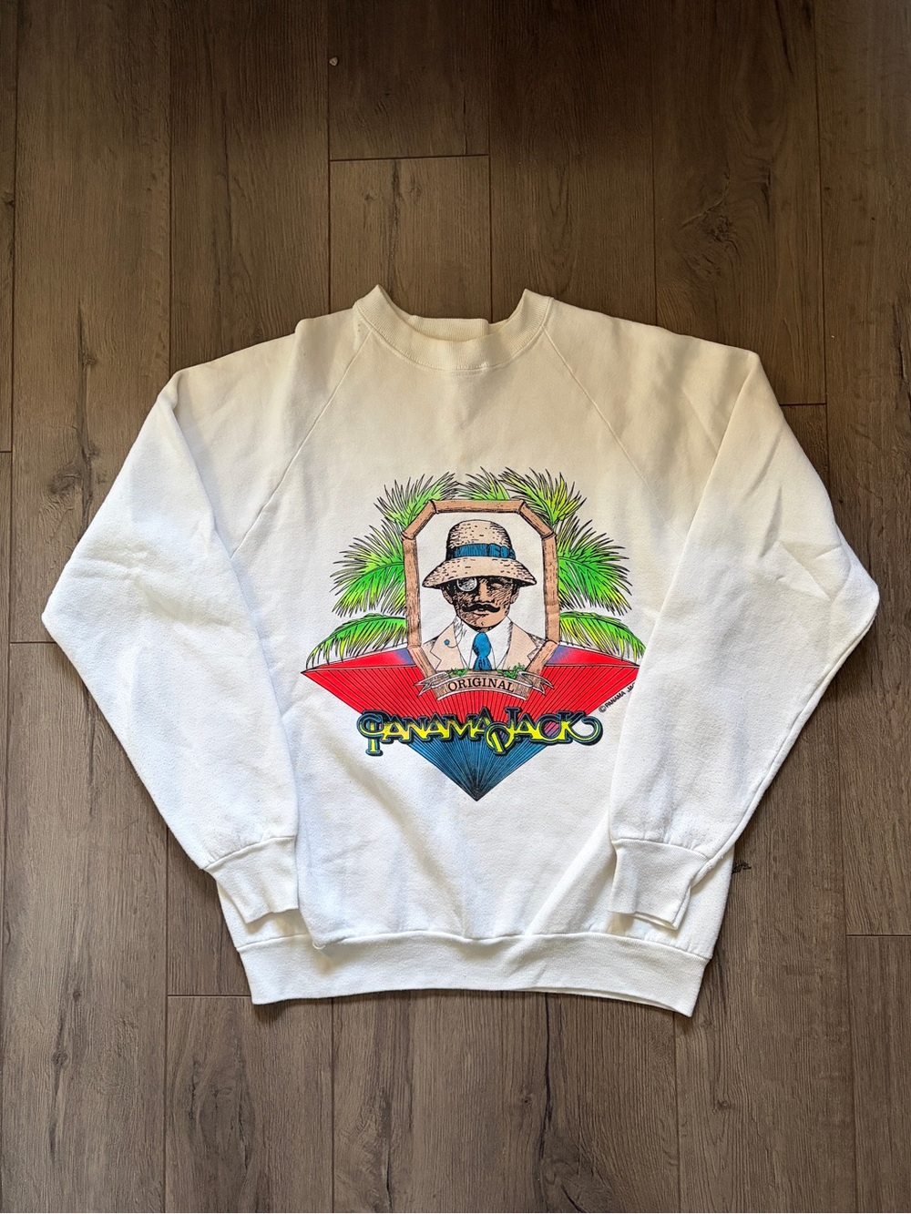 Vintage Panama Jack 80s White Graphic Crewneck Sweater Made in USA Medium